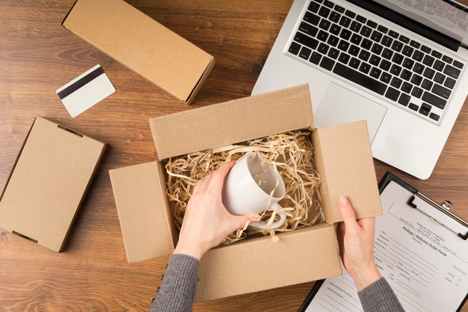 a person opening a box with a mug